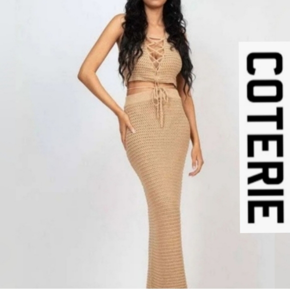 Coterie Dresses & Skirts - Coterie by ash Crochet Crop Top & Matching Skirt Sand Tan Size Small NWOT